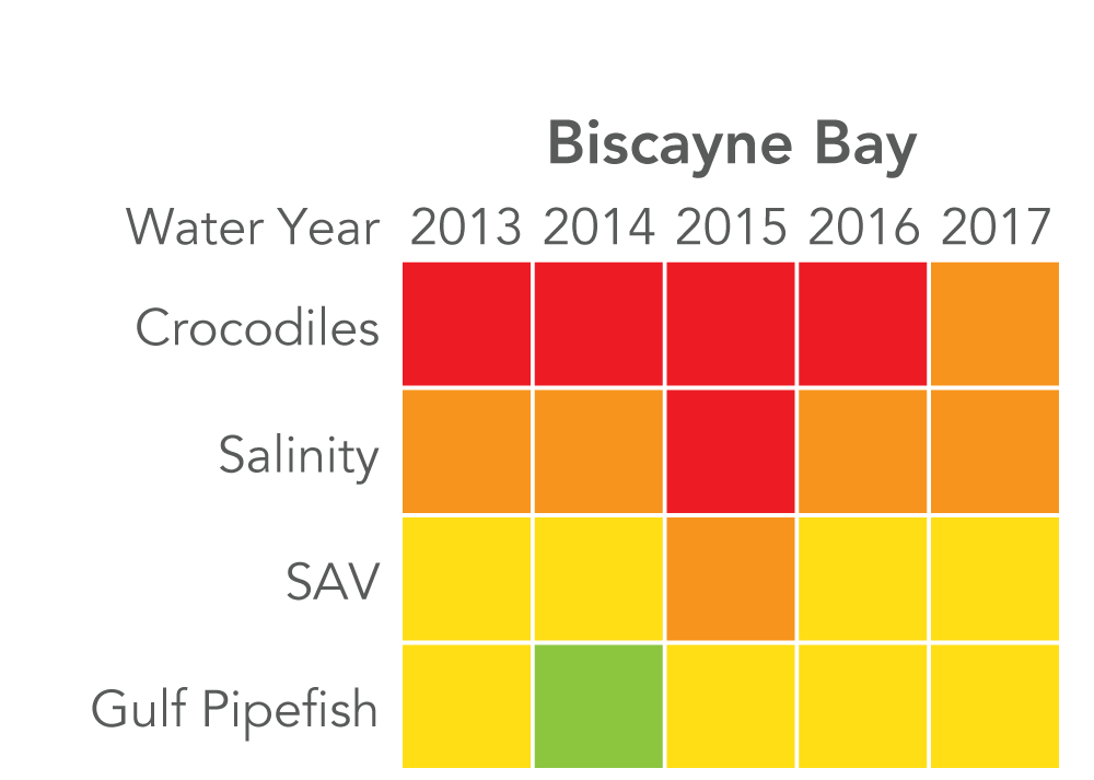 Biscayne Bay: Crocodiles rated "very poor" 2013 to 2016, and "poor" in 2017. Salinity rated "poor" 2013 to 2014, "very poor" 2015, and "poor" 2016 to 2017. SAV rated "fair" 2013 to 2014, "poor" 2015, and "fair" 2016 to 2017. Gulf pipefish rated "fair" in 2013, "good" in 2014, and "fair" 2015 to 2017. Biscayne Bay: Crocodiles rated "very poor" 2013 to 2016, and "poor" in 2017. Salinity rated "poor" 2013 to 2014, "very poor" 2015, and "poor" 2016 to 2017. SAV rated "fair" 2013 to 2014, "poor" 2015, and "fair" 2016 to 2017. Gulf pipefish rated "fair" in 2013, "good" in 2014, and "fair" 2015 to 2017.